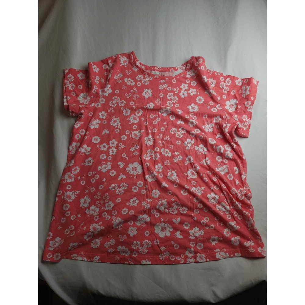 Woman Within Womens 1X Coral Pink White Floral Short Sleeve Crew Neck T-Shirt